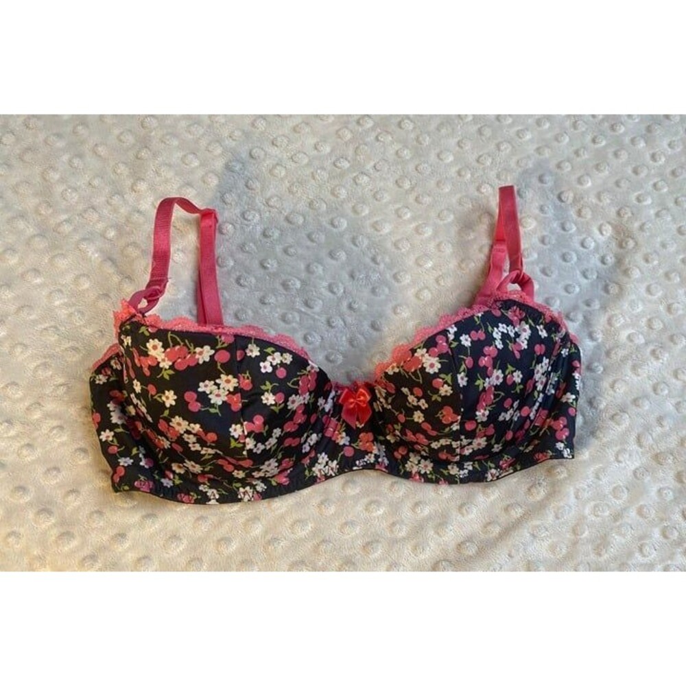 Victoria's Secret Y2K Lined Romantic Fairy Balconette Bra Floral Pink Blk Sz 34B